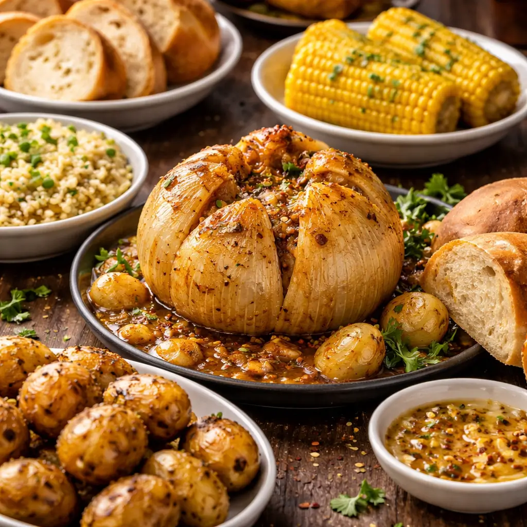onion boil with rice potatoes bread and corn sides