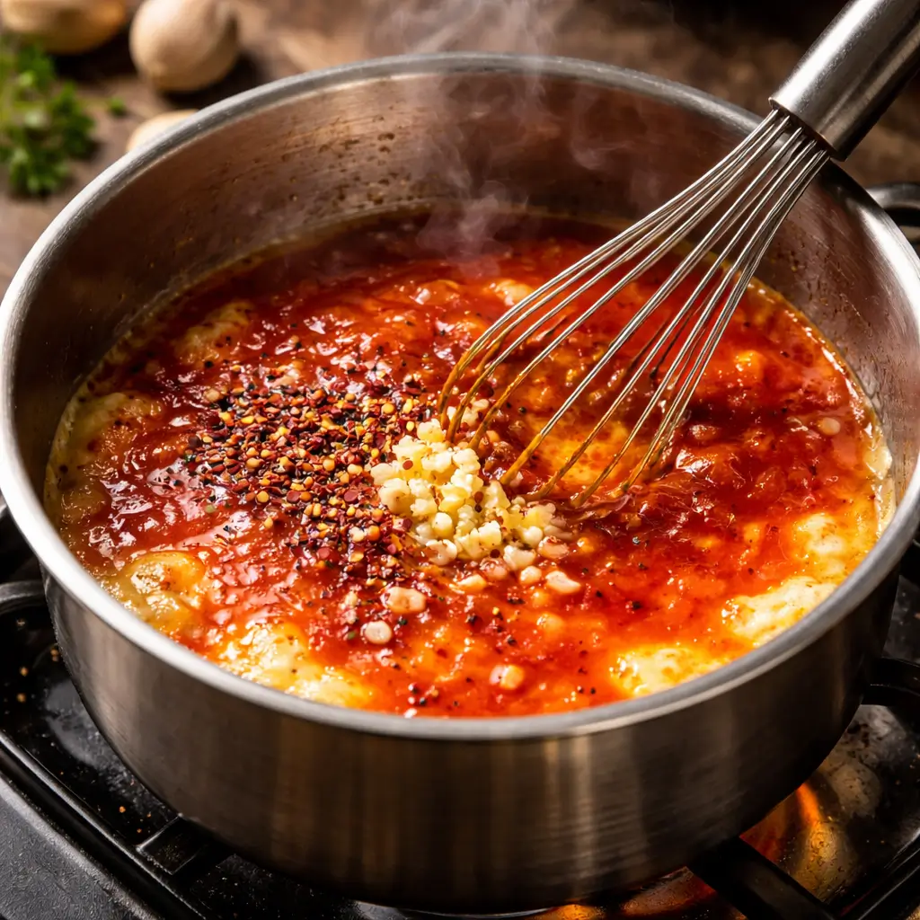 mixing pizza hut wing sauce recipe in saucepan
