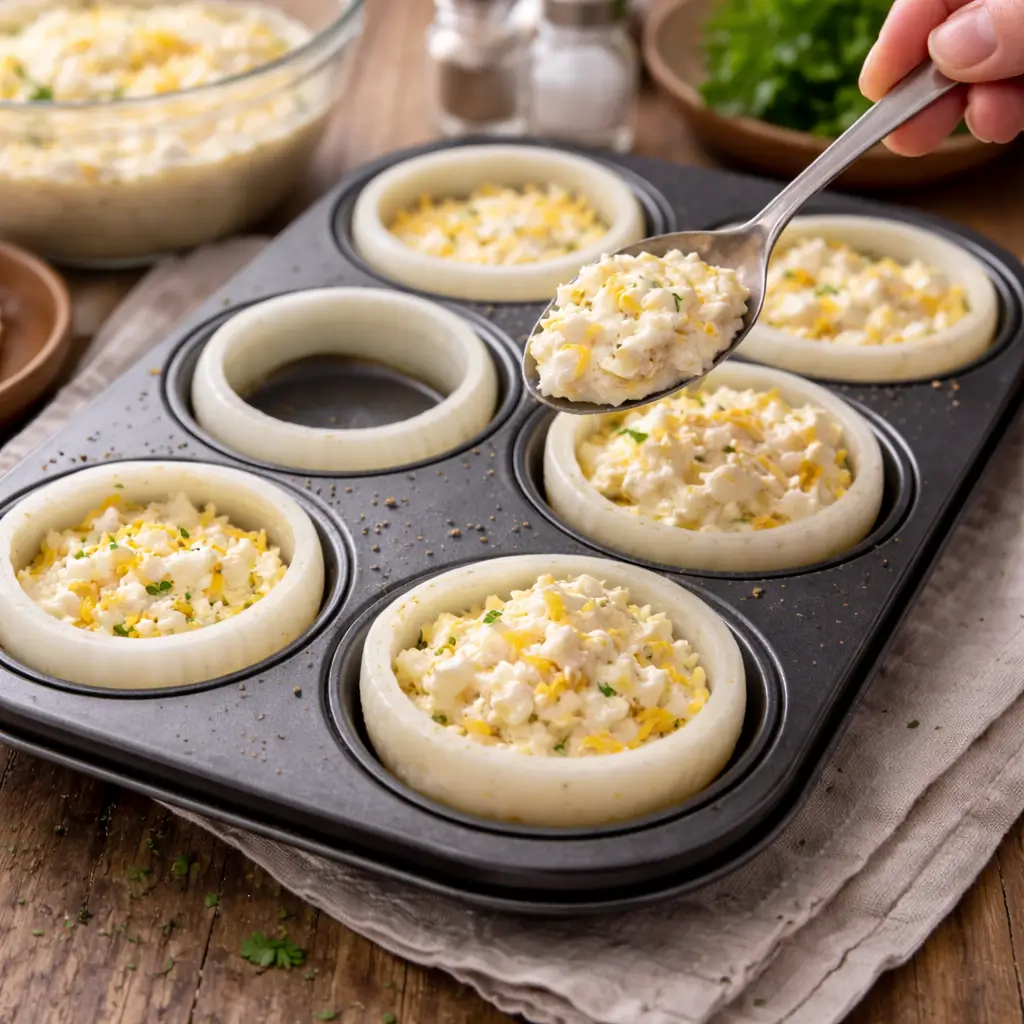 Preparing cottage cheese onion ring muffin cups in a muffin pan