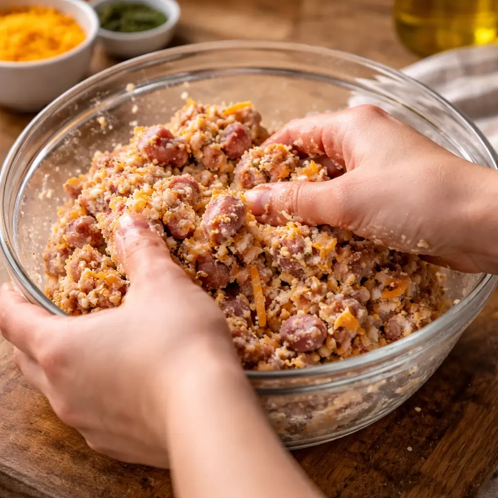 Ina Garten Sausage Balls Recipe mixing sausage balls mixture step by step