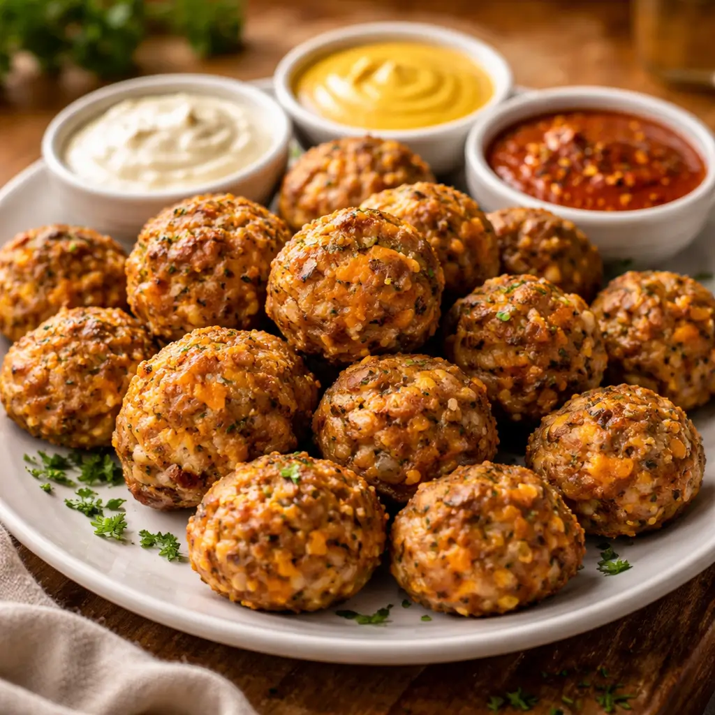 sausage balls served with dipping sauces