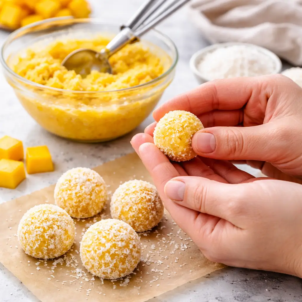 Shaping no bake mango truffles step by step
