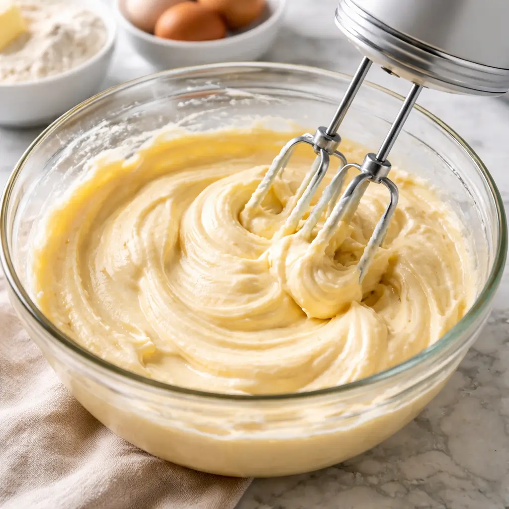 mixing batter for recipe for stock's pound cake step by step