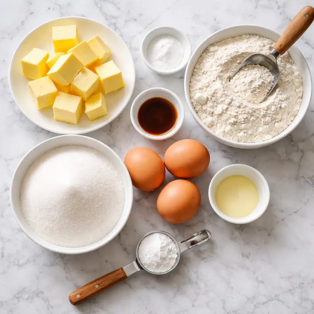 ingredients for recipe for stock's pound cake butter sugar eggs flour