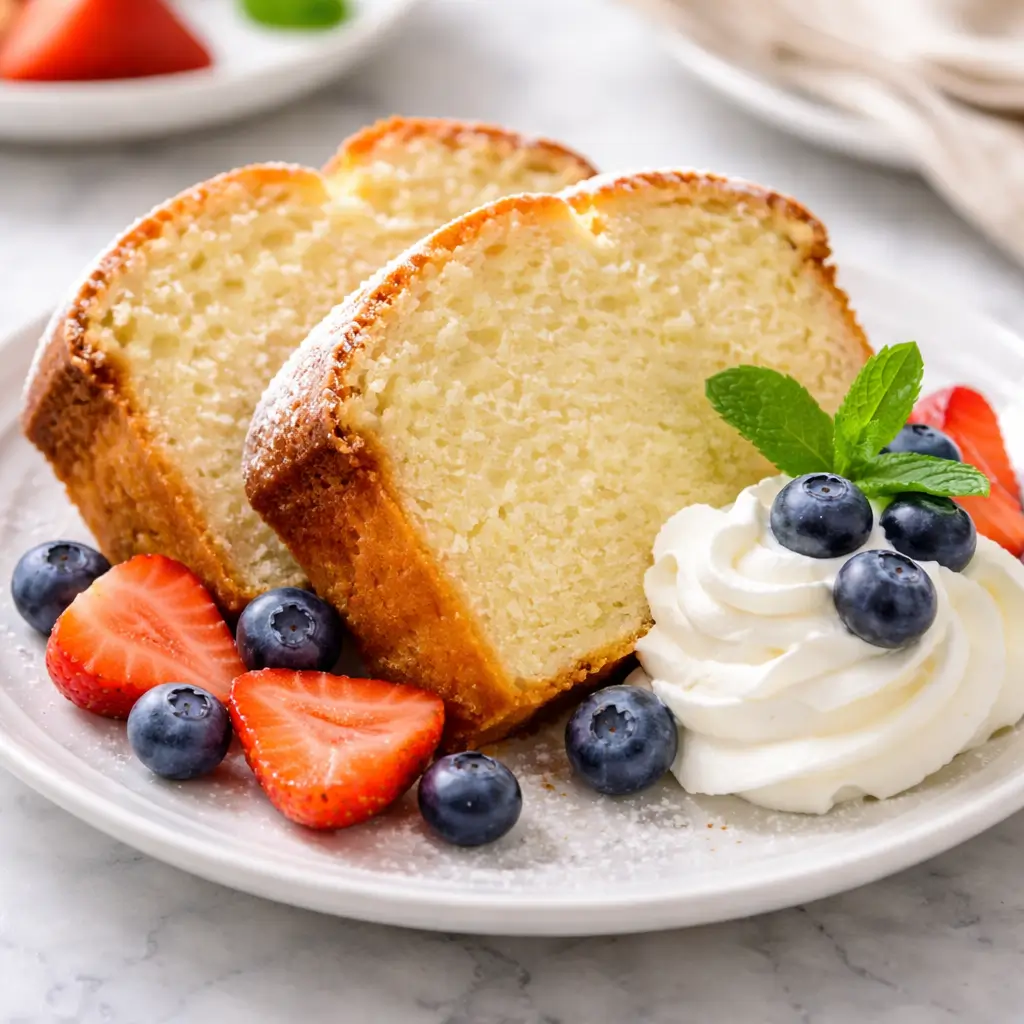 serving recipe for stock's pound cake with berries and cream