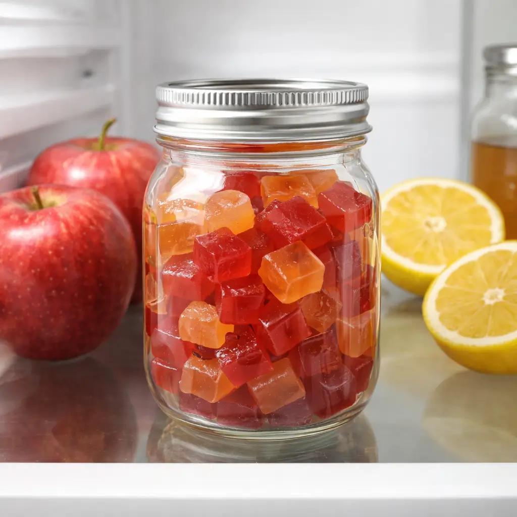 Apple cider vinegar gummies stored in a jar in the refrigerator