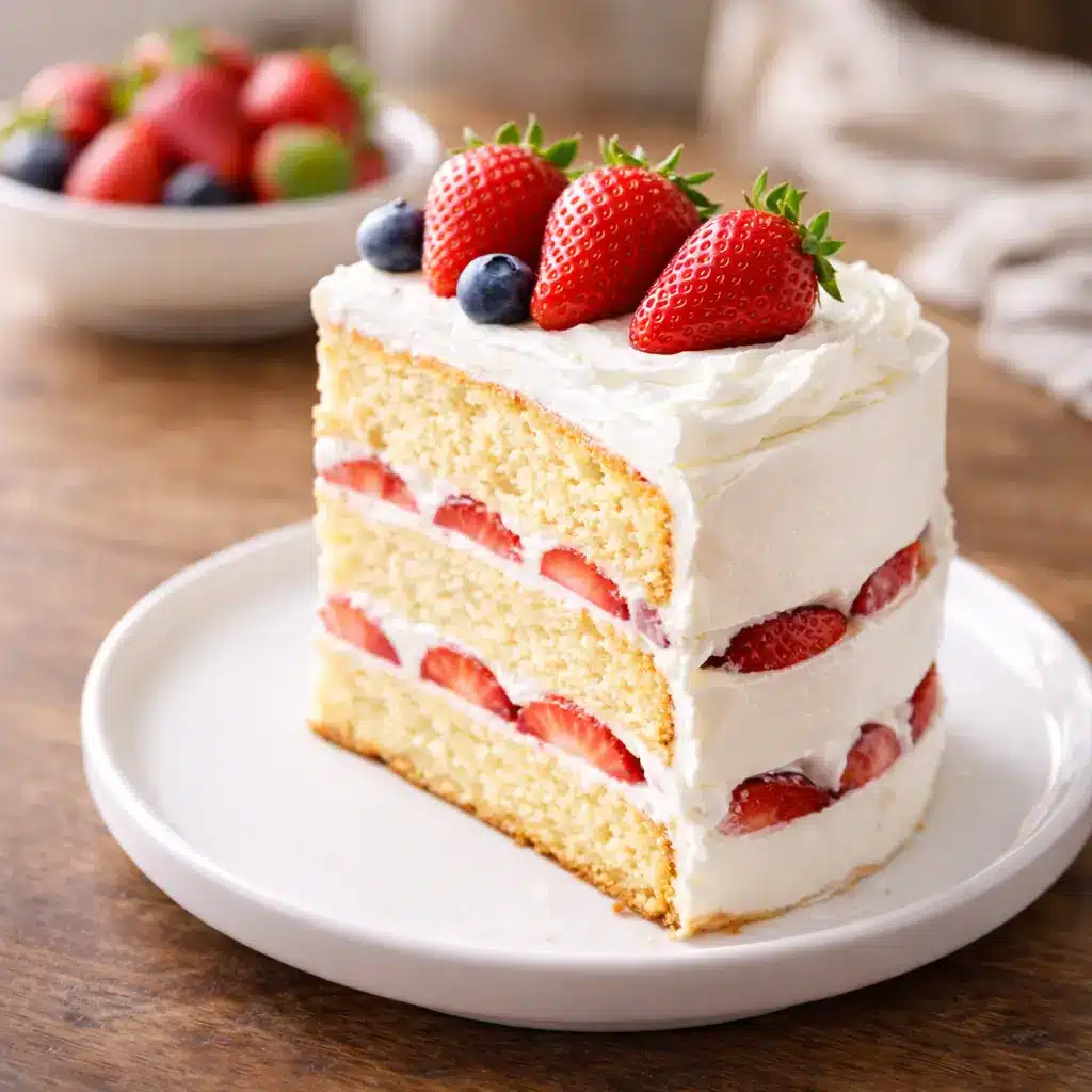 slice of strawberry whipped cream sponge cake with fresh berries