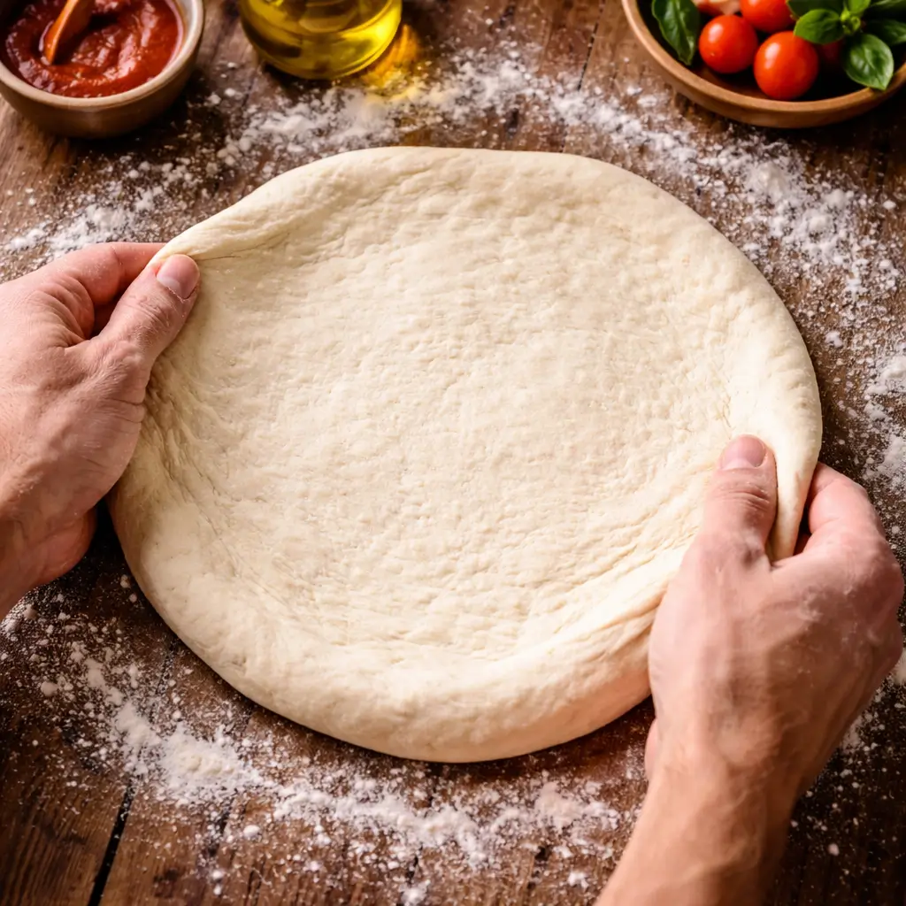 Stretching Aldi pizza dough by hand before baking