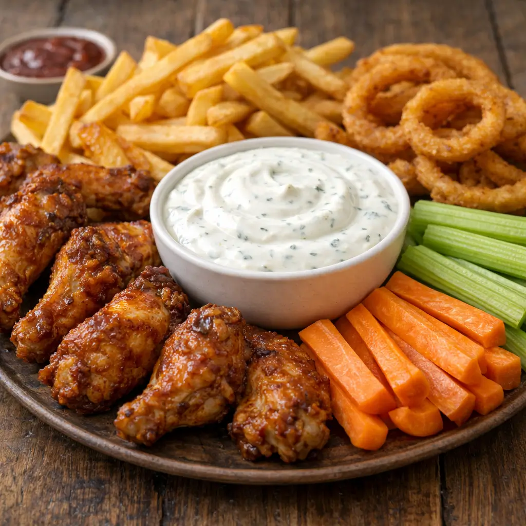 taco mac ranch recipe served with fries wings and snacks