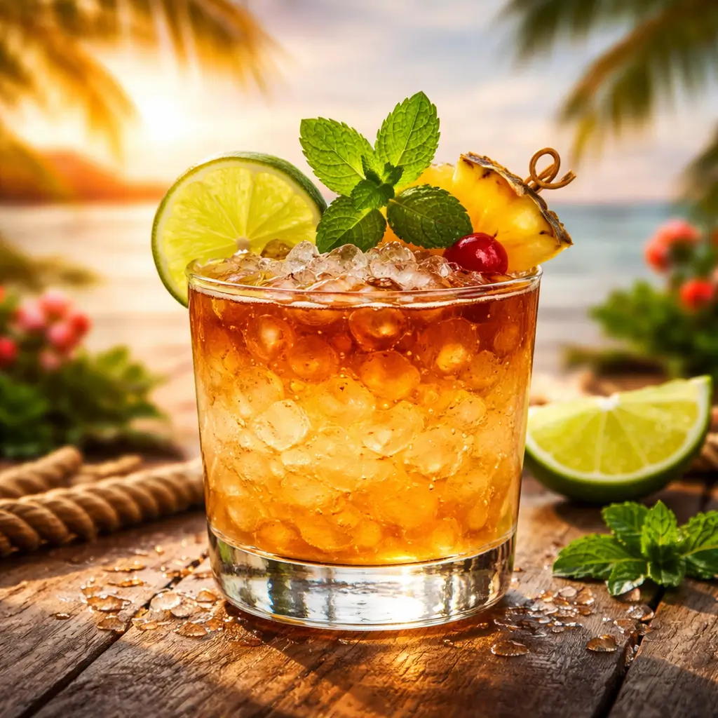 Tropical cocktail garnish with mint pineapple and lime on a beach table