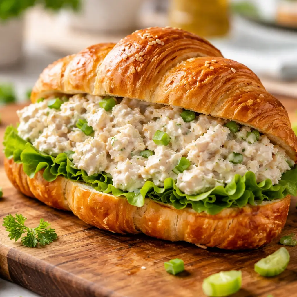 Creamy Wawa chicken salad croissant sandwich close up