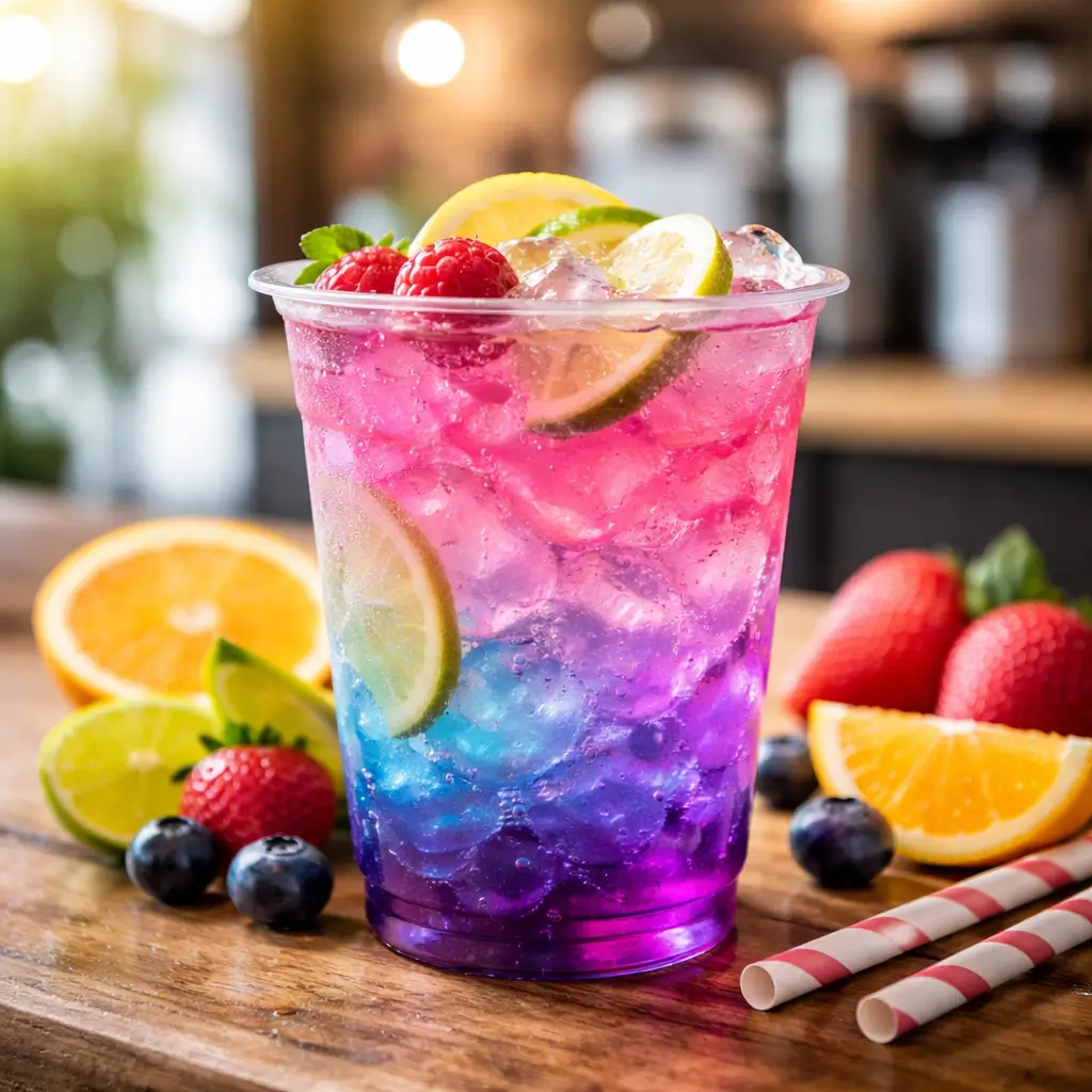 Colorful lotus energy drink with layered fruit flavors in a clear cup