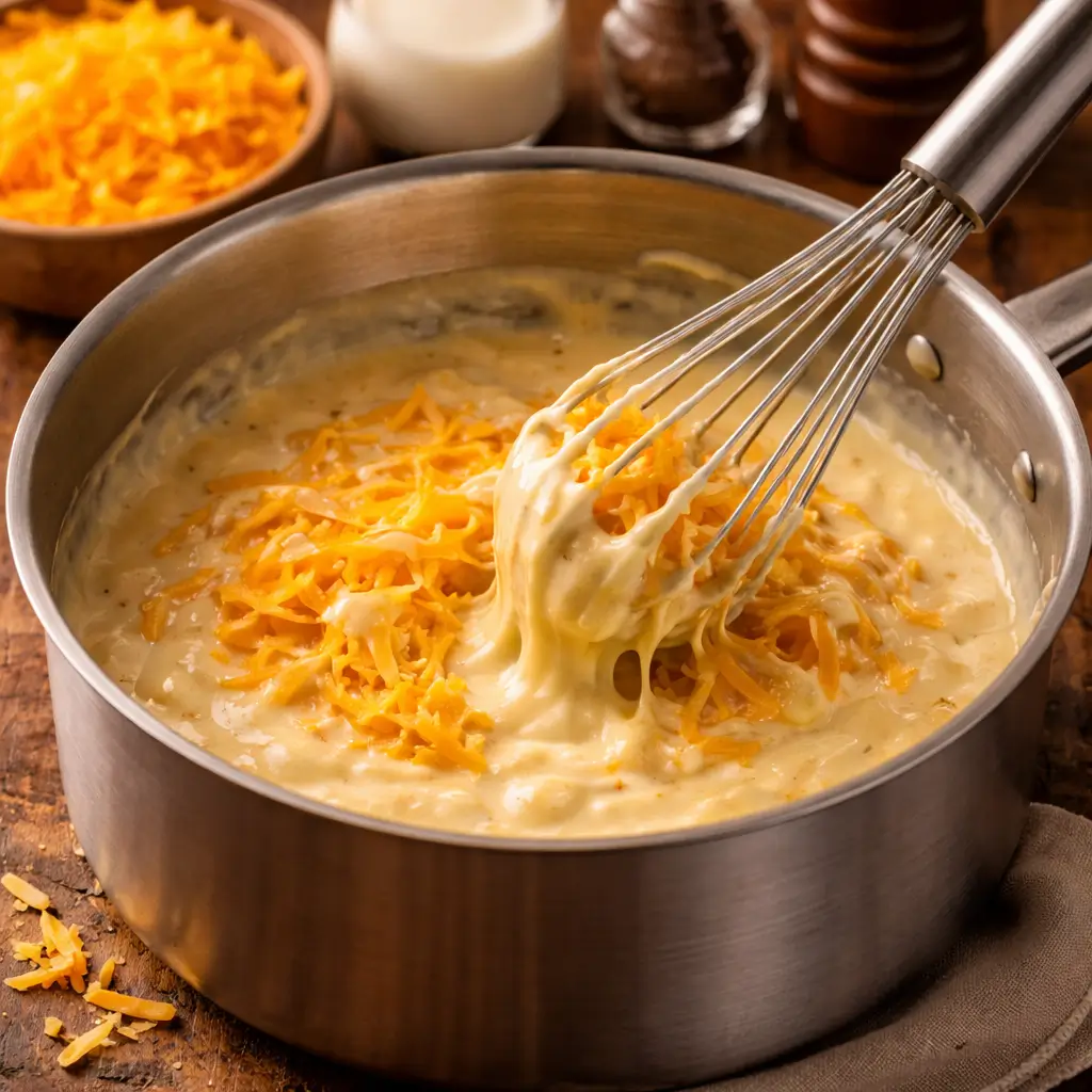 preparing cheese sauce for yard house mac and cheese recipe