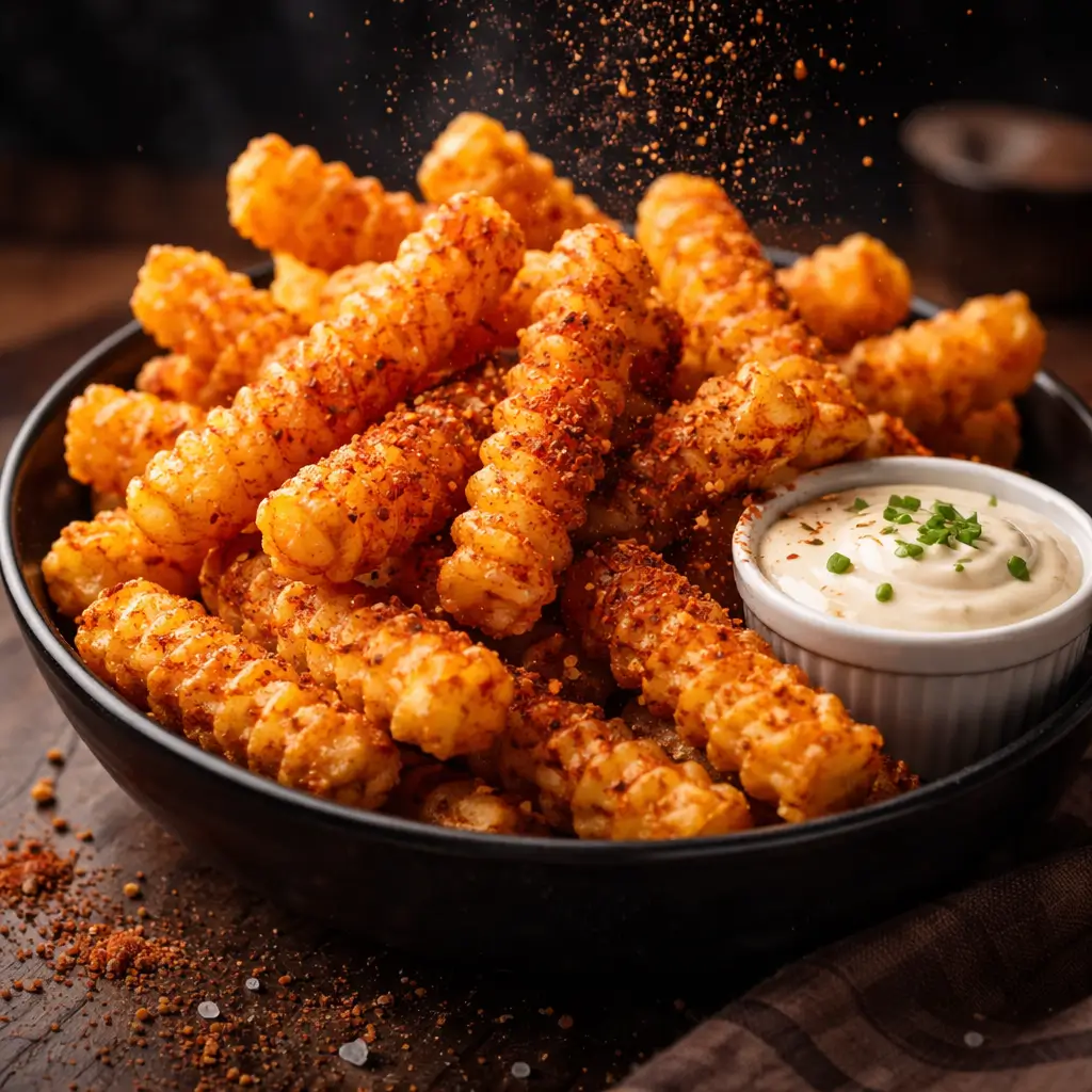 zaxbys fry seasoning on crispy crinkle fries close up