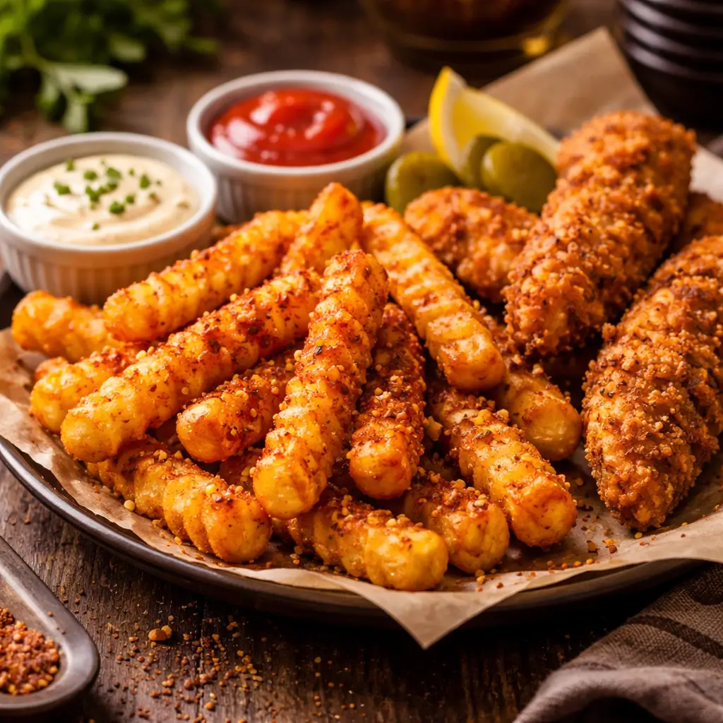 seasoned fries with chicken and dipping sauces