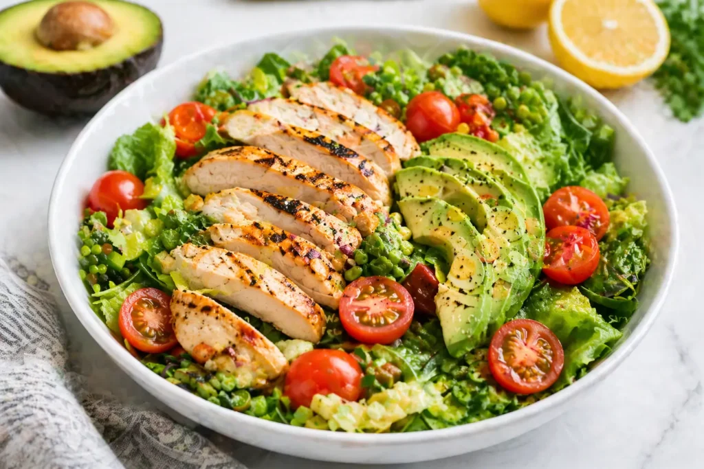 grilled chicken avocado salad bowl with fresh vegetables