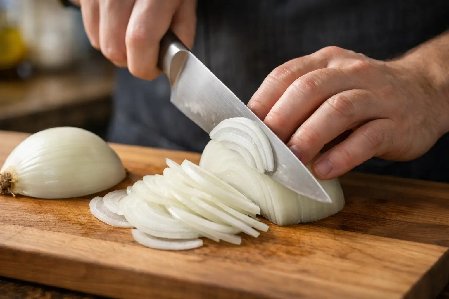 how to thinly slice an onion on a cutting board