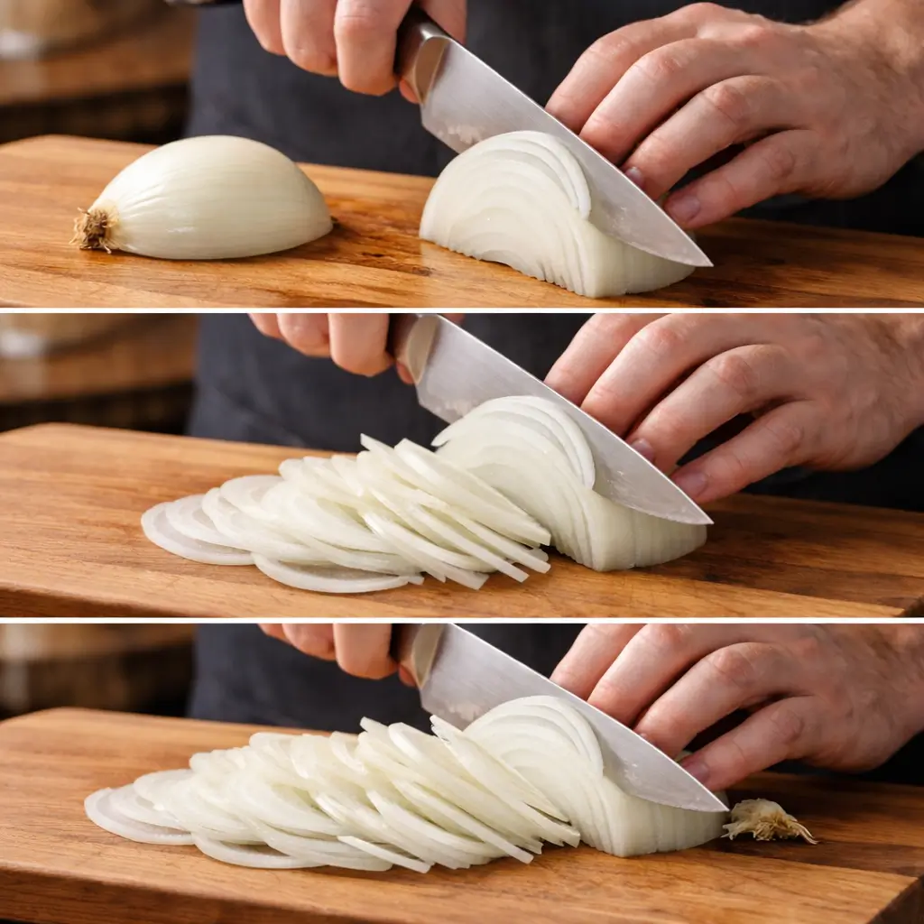 step by step how to thinly slice an onion