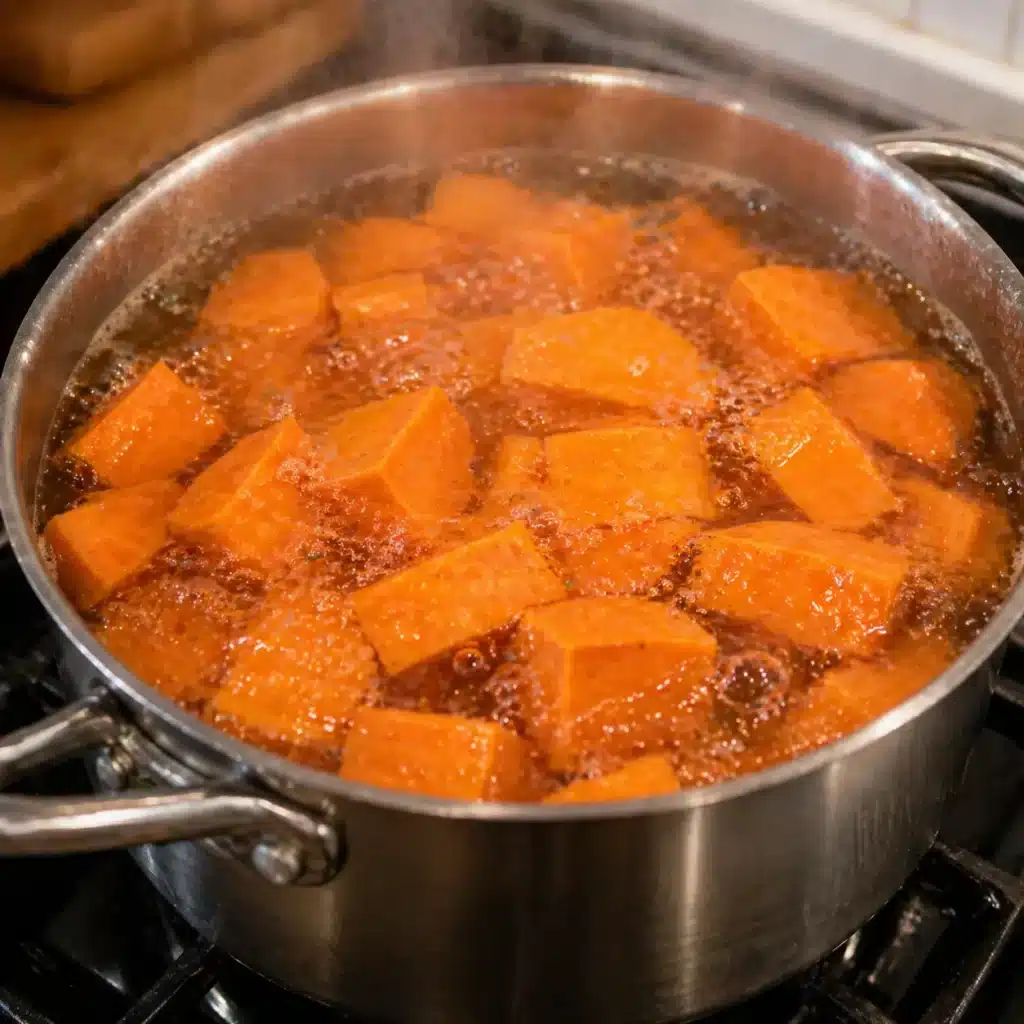 boiling sweet potatoes in pot