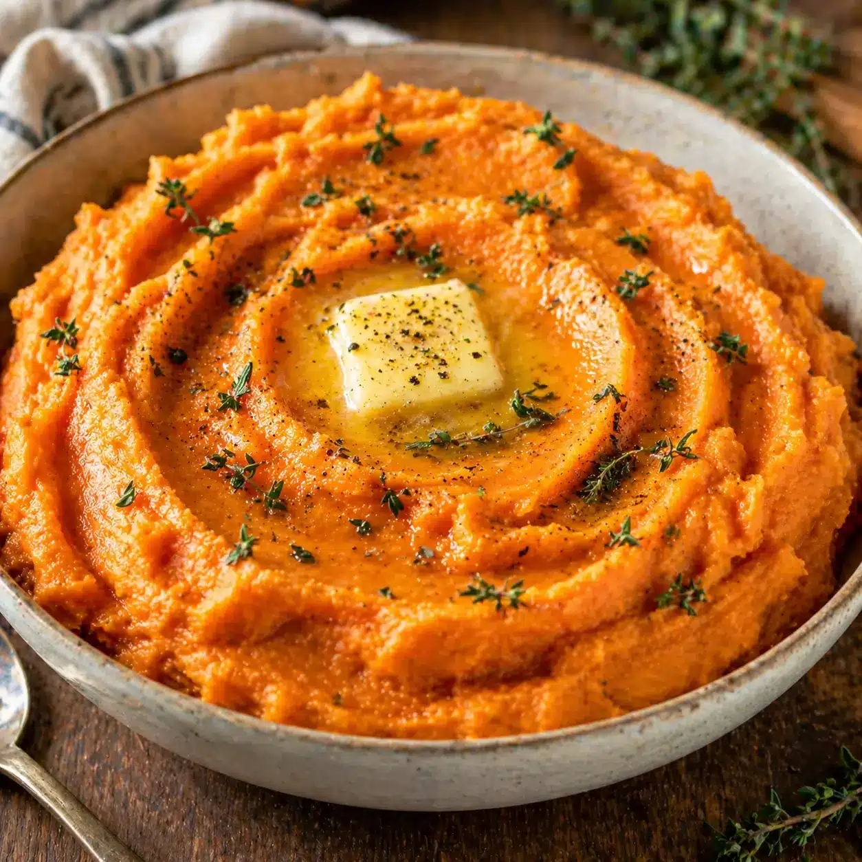 plated mashed sweet potatoes with garnish