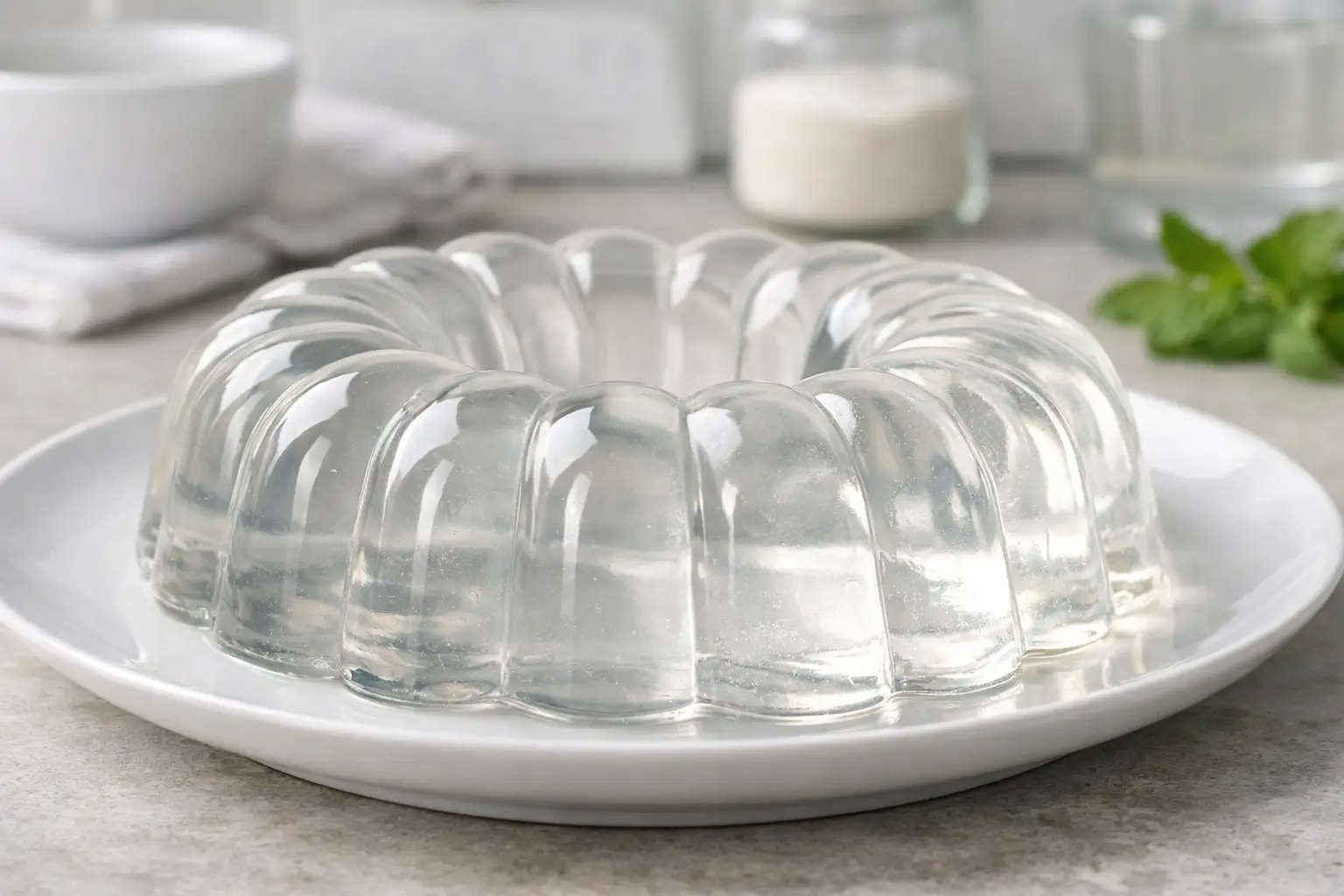 A glossy clear gelatin dessert in a modern mold with soft lighting and a clean kitchen background