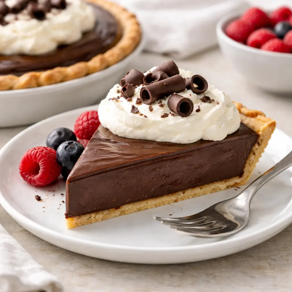 serving chocolate silk pie slice