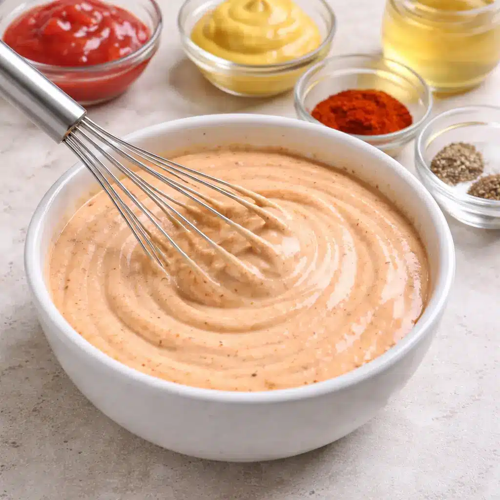 Mixing creamy pub sauce in bowl