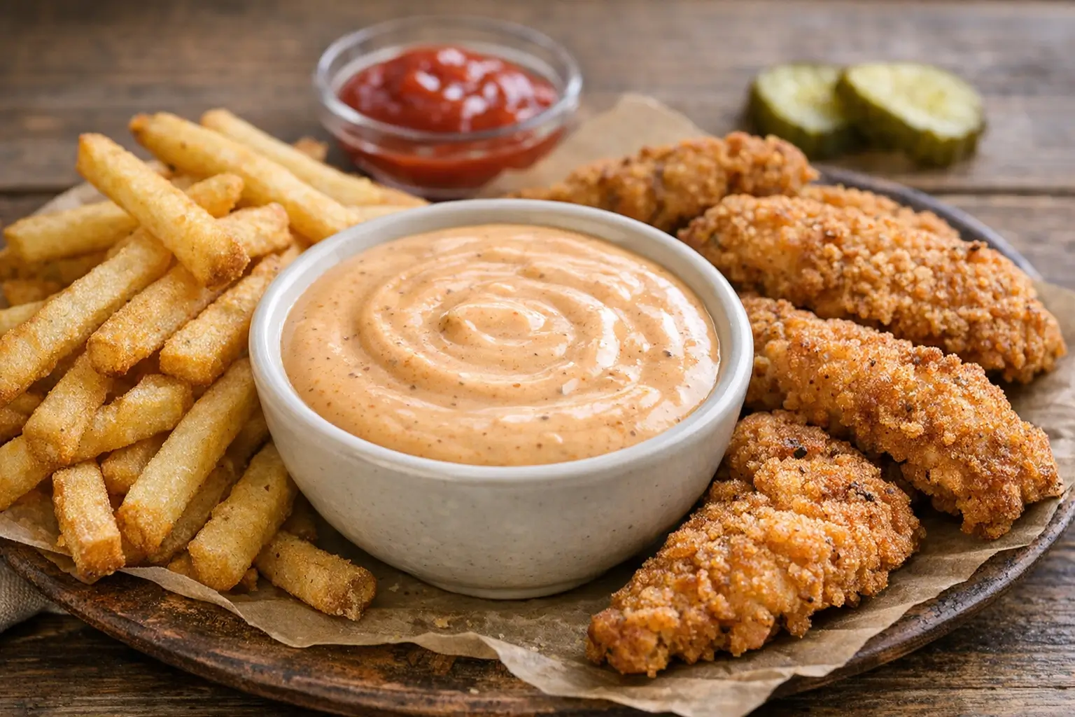 Creamy pub sauce recipe served with fries and chicken