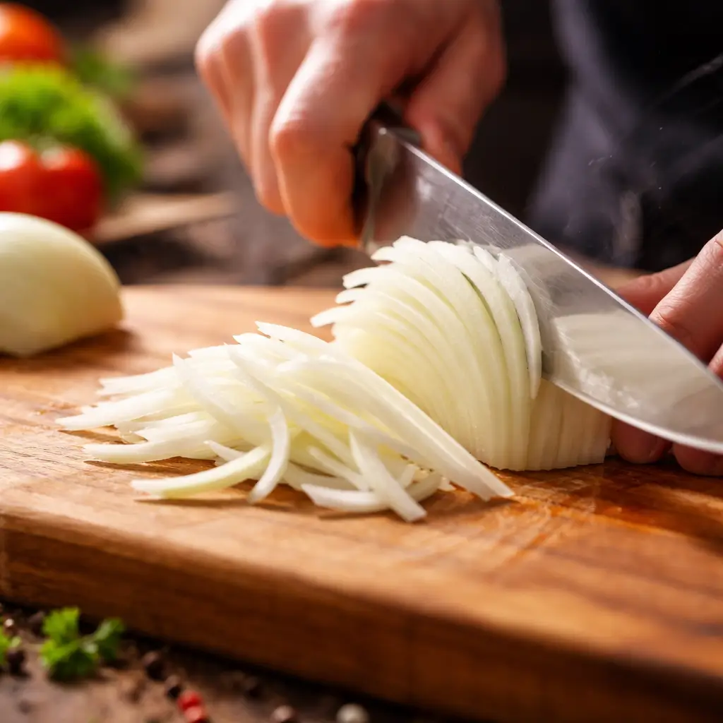 how to julienne an onion perfectly thin slices close up