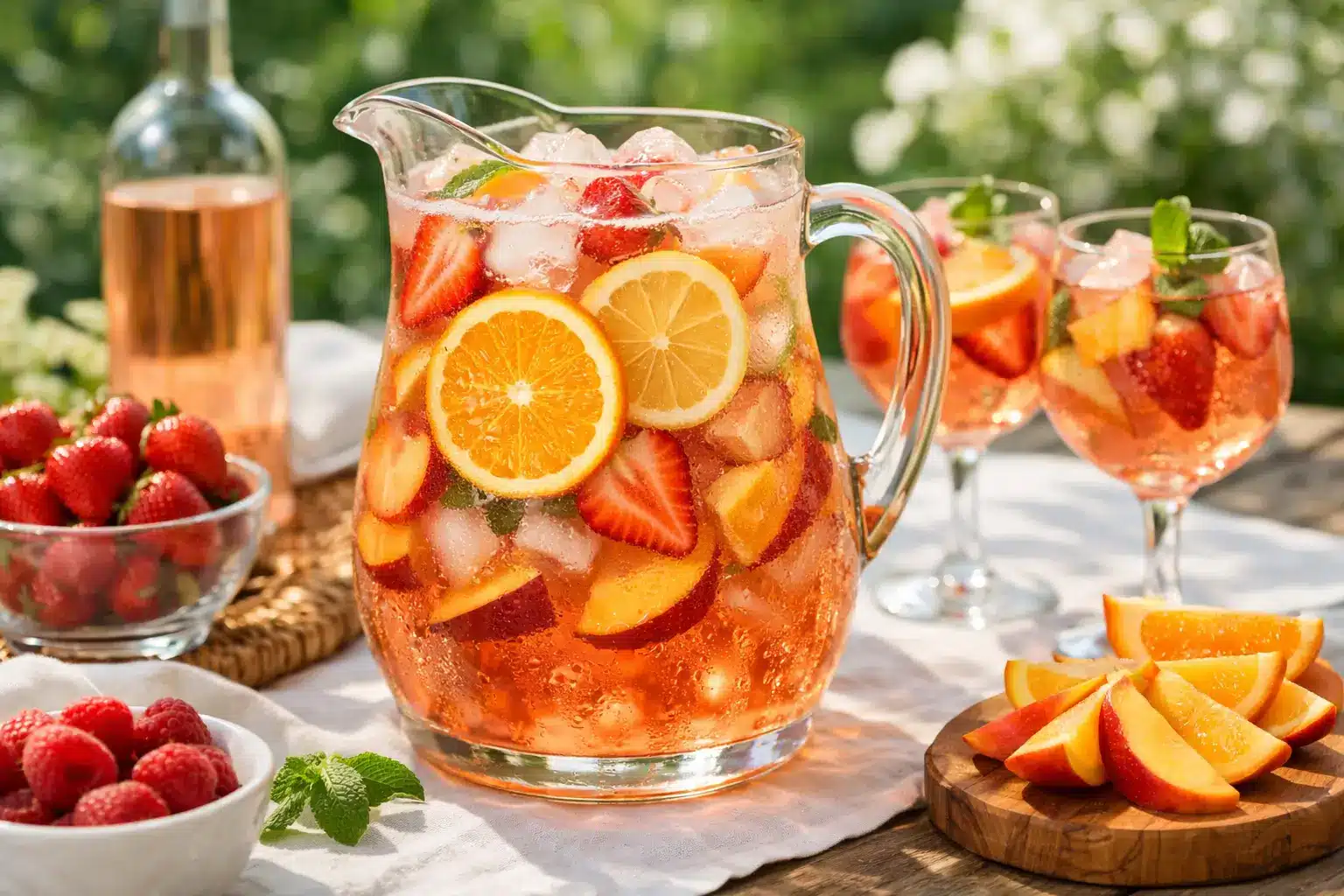 Ina Garten Rosé Sangria Recipe in glass pitcher with fresh fruit