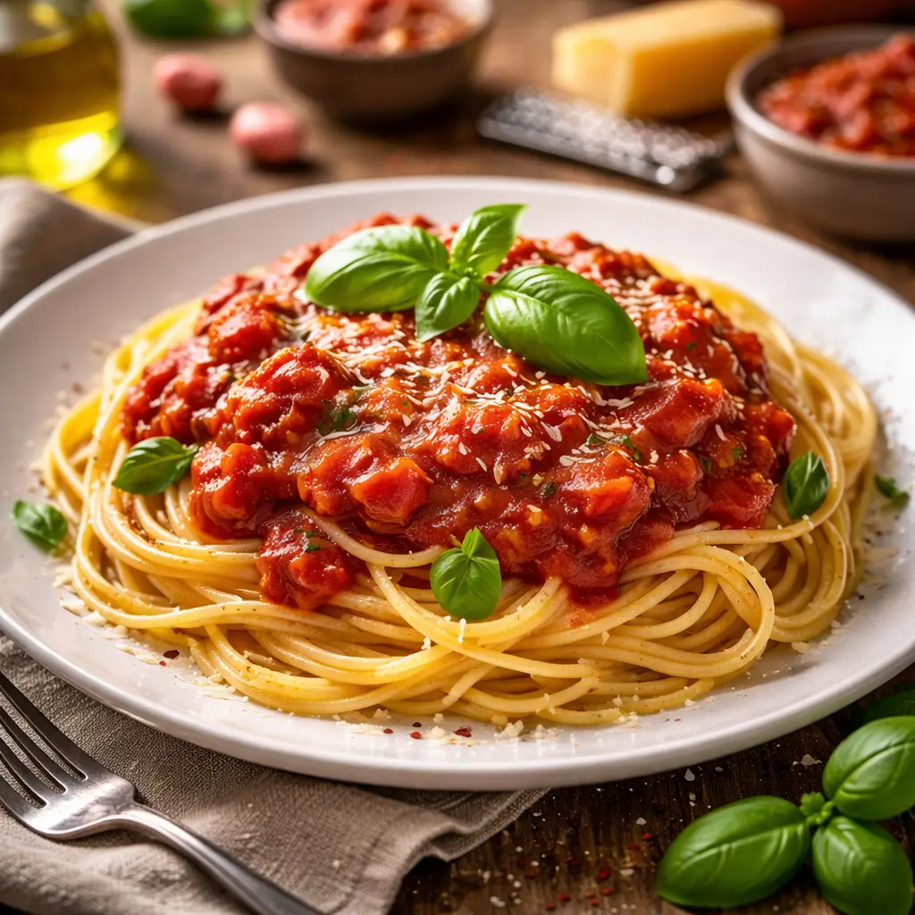 ina garten tomato sauce recipe served with pasta and basil