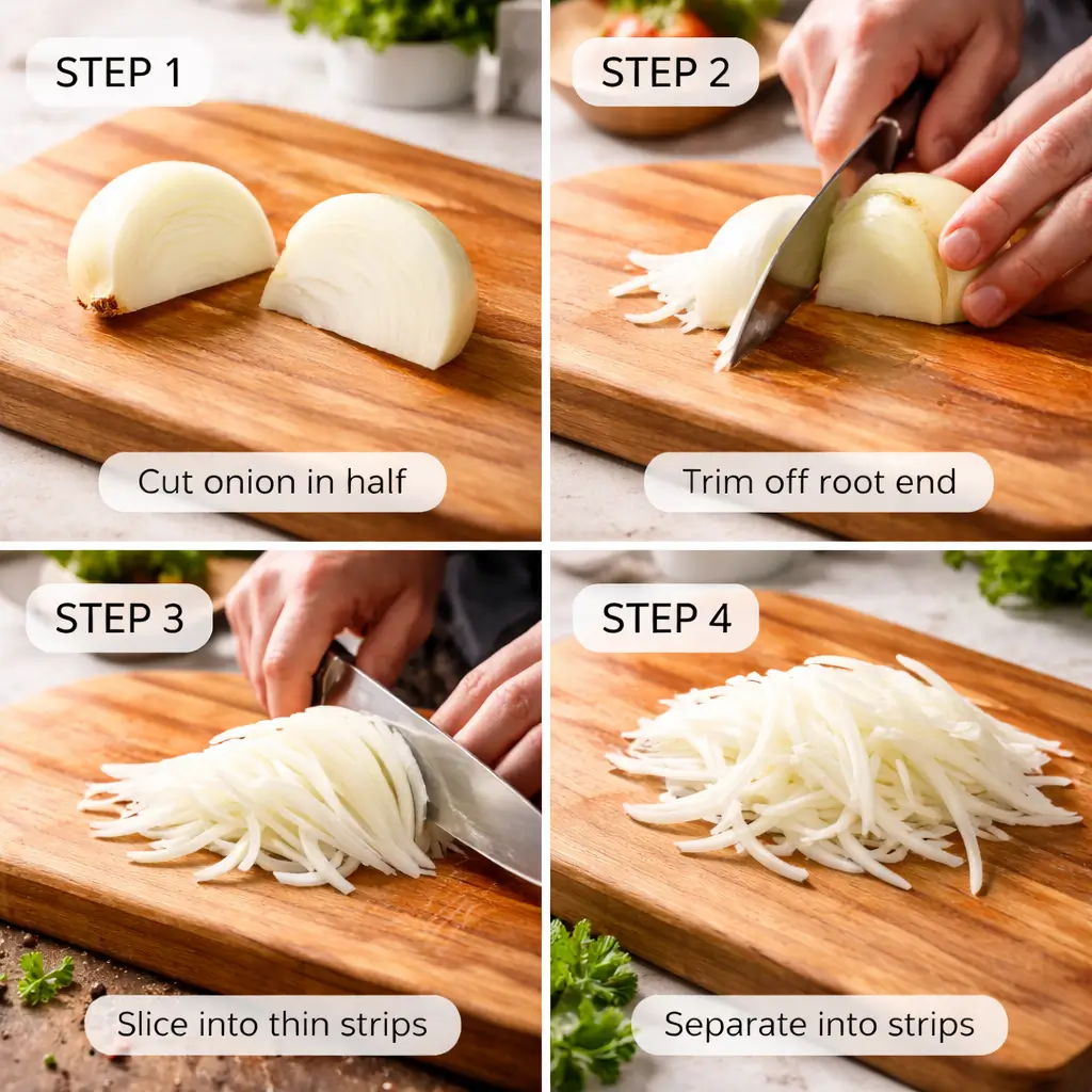 step by step how to julienne an onion