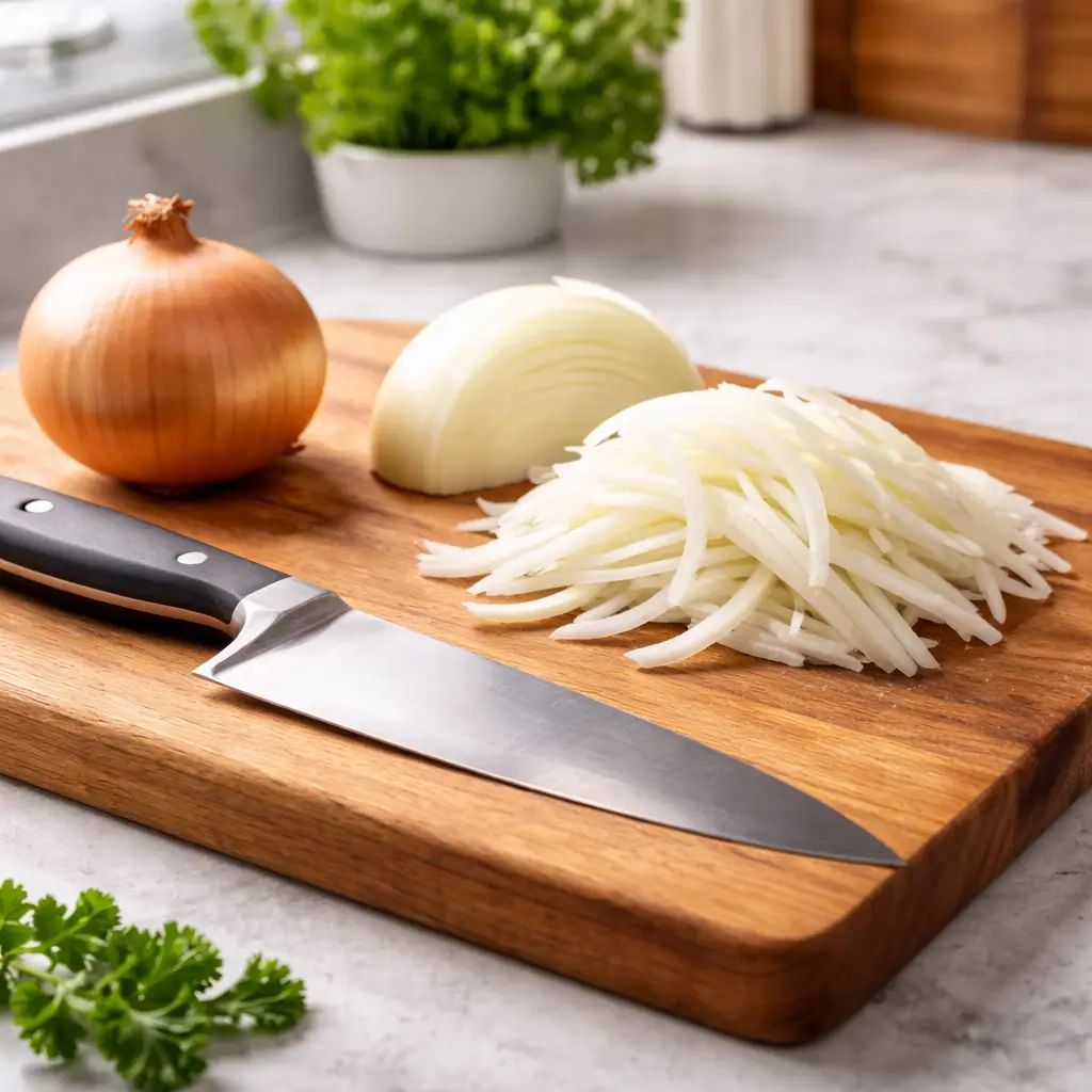 tools needed to julienne an onion knife and cutting board