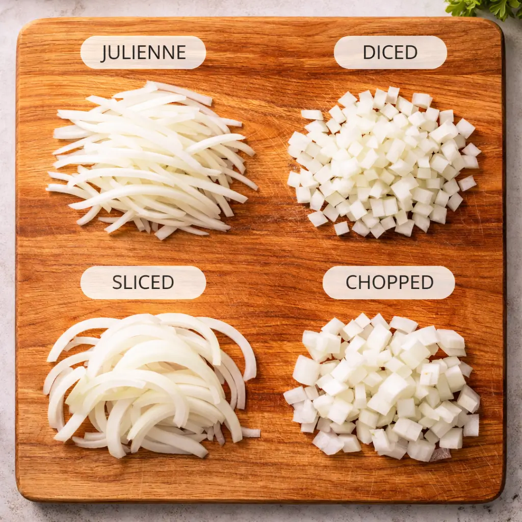 onion cutting styles julienne vs diced vs sliced