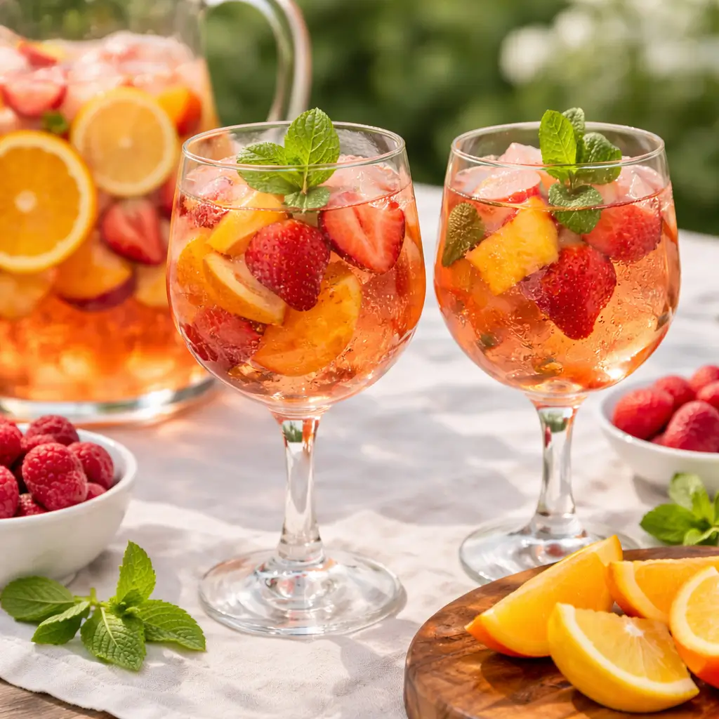 Serving Ina Garten Rosé Sangria Recipe in glasses