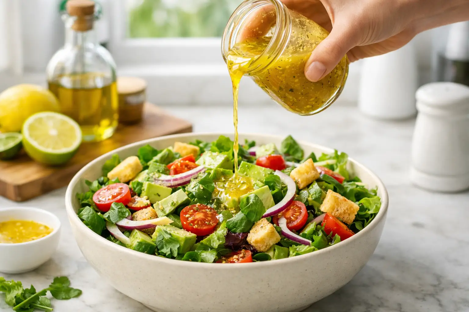 Zesty Sensation Salad Dressing being poured over fresh salad