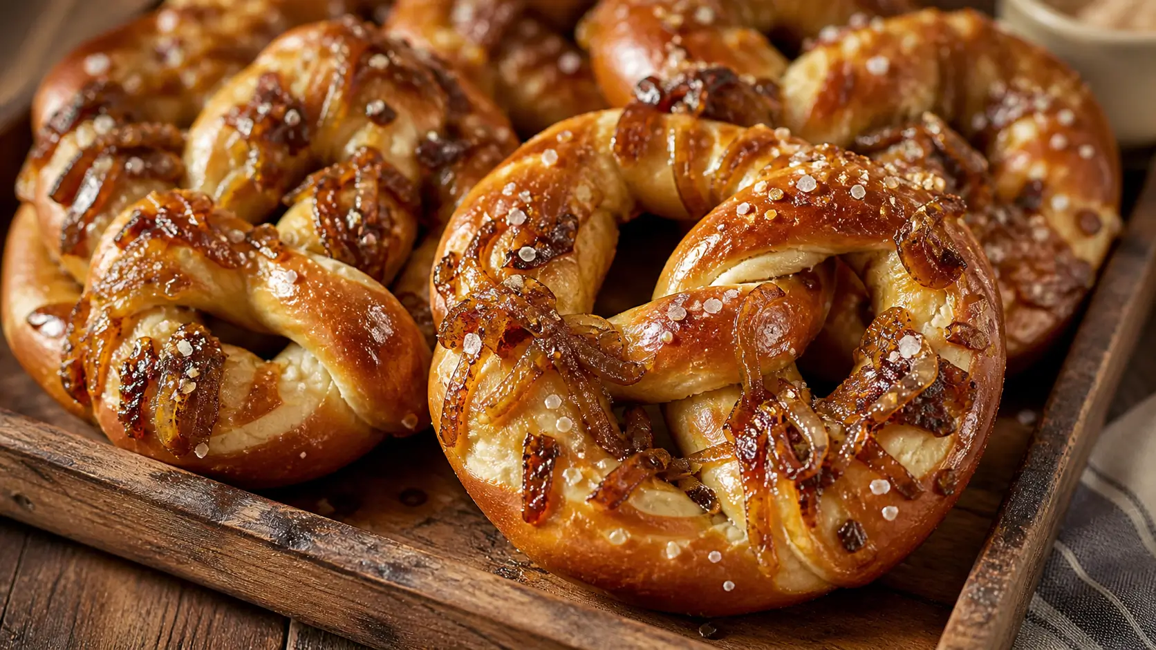 sour cream caramelized onion pretzels fresh from oven