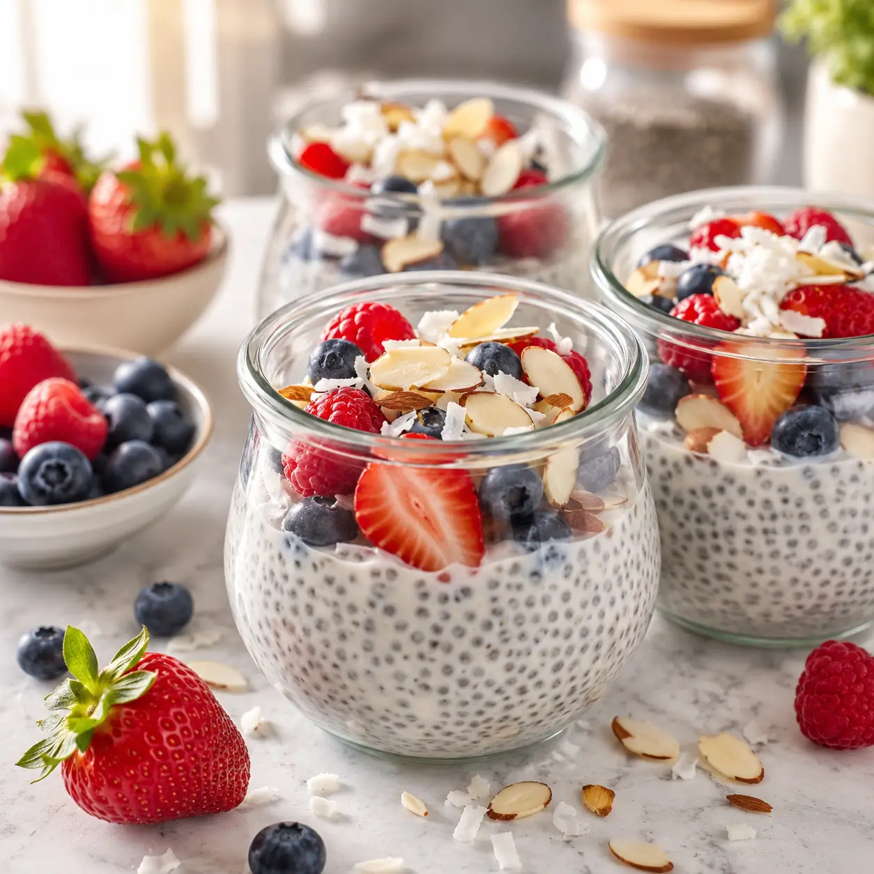 Creamy chia gelatin trick recipe topped with berries and almonds