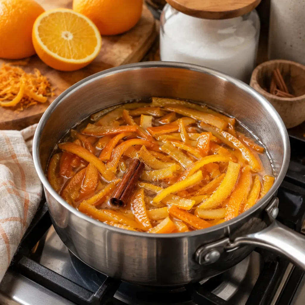 Orange peel simmering for homemade citrus recipe