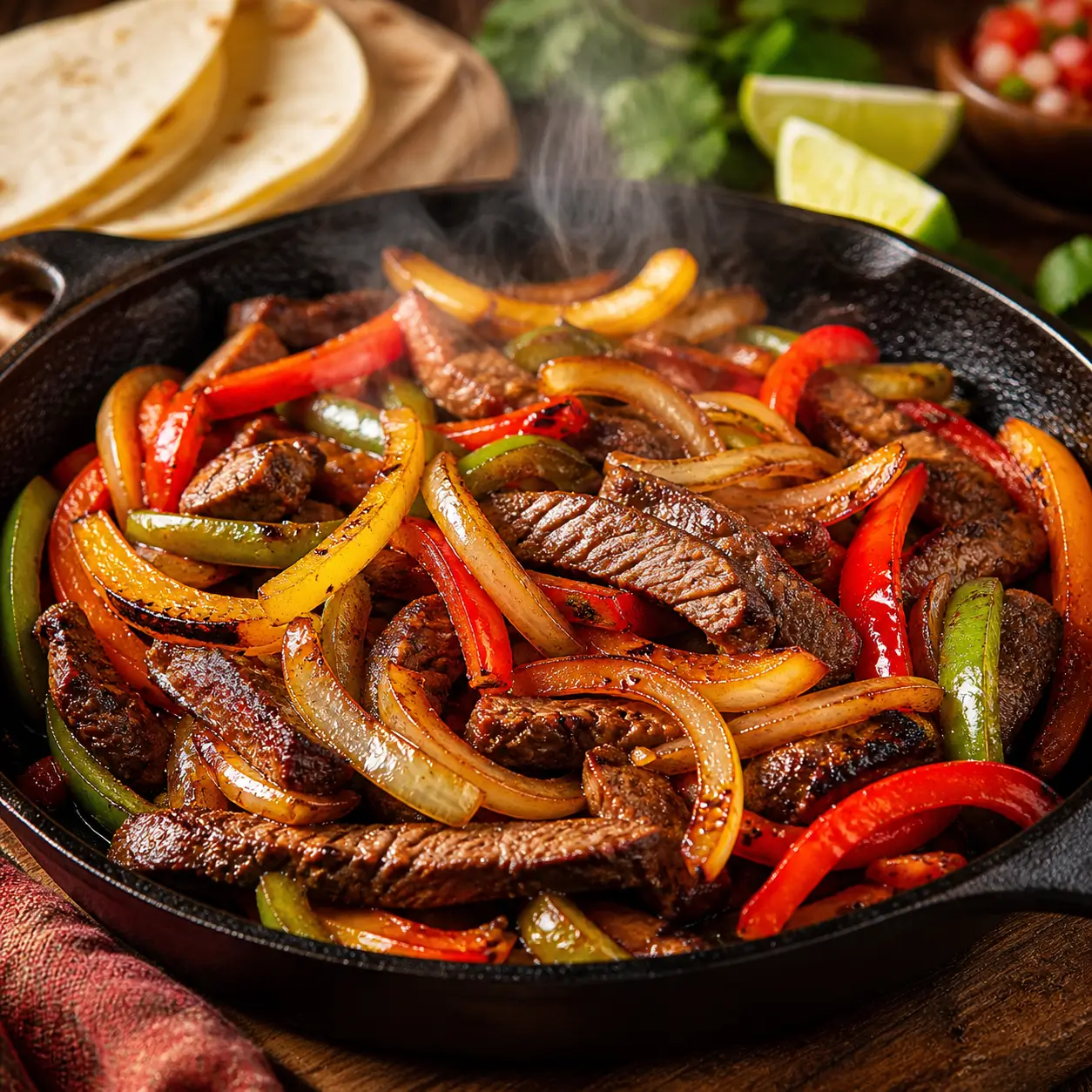 Sizzling steak fajitas with caramelized yellow onions and colorful peppers in a cast iron skillet