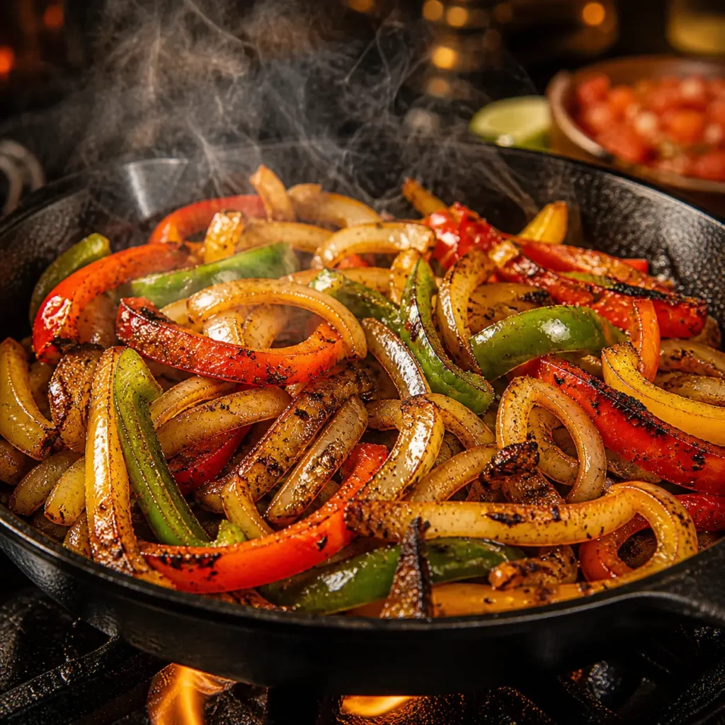 High heat cooking fajita onions and peppers in a cast iron skillet