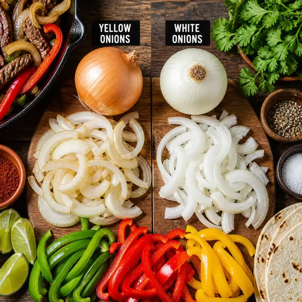 Yellow onions and white onions prepared for fajitas