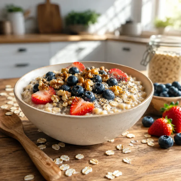 Oat trick to lose weight recipe served with fresh berries and chia seeds.