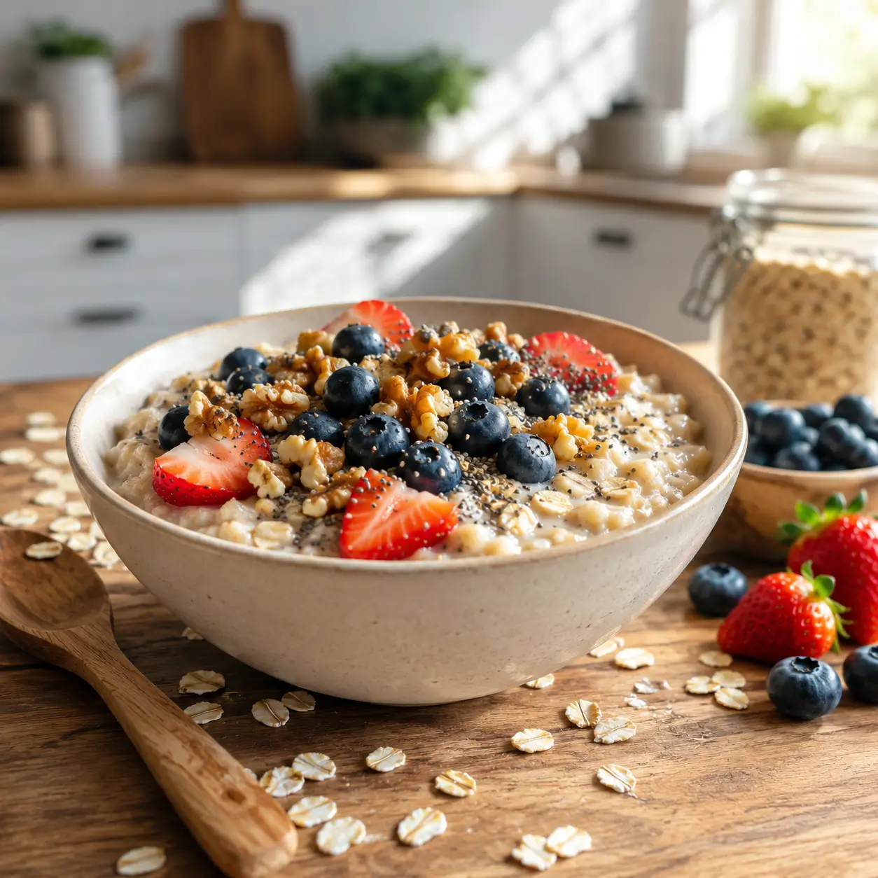 Oat trick to lose weight recipe served with fresh berries and chia seeds.