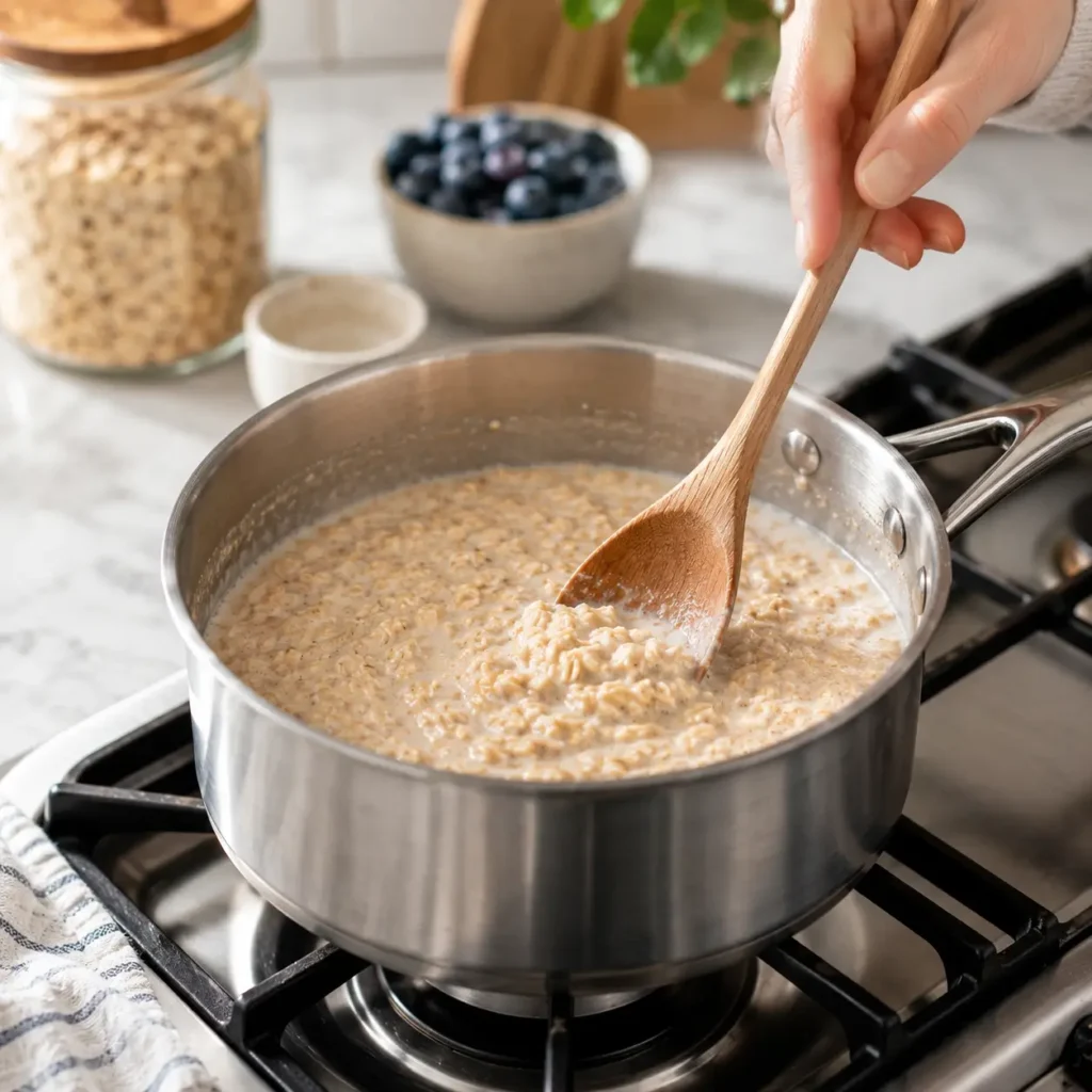 Cooking oatmeal on the stove.